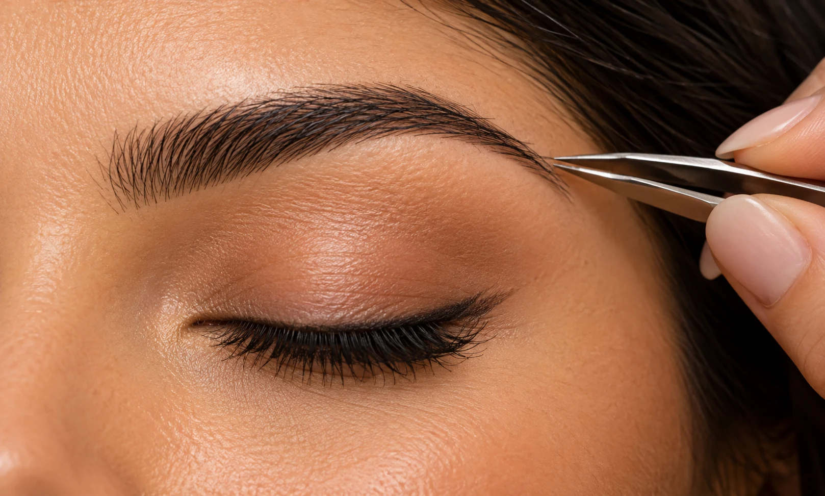 Close-up eyebrow shaping with tweezers