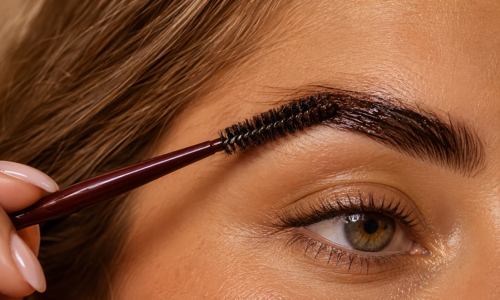 Eyebrow tint applied with a dark spoolie brush